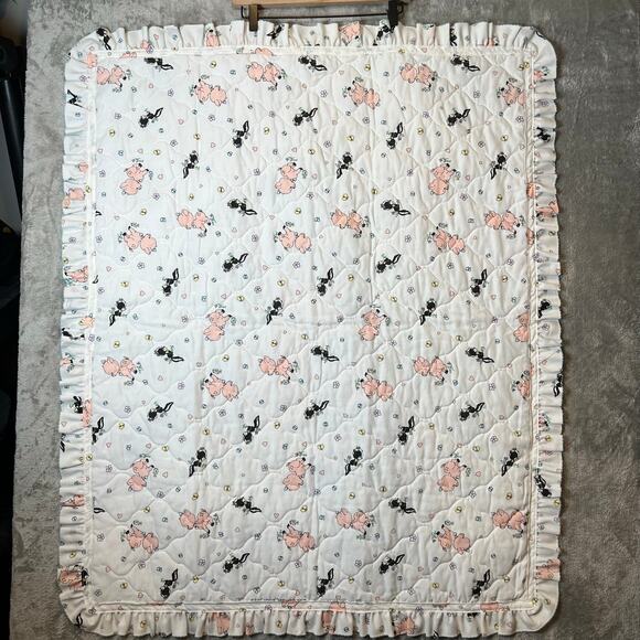 Vintage Baby Blanket Piglet Skunk Pastel Floral Quilt with Ruffle Edges Florals - Picture 4 of 5